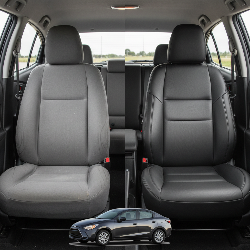 Before-and-after comparison of Toyota Scion front seats, showing cloth seat upgraded to perforated leather upholstery.
