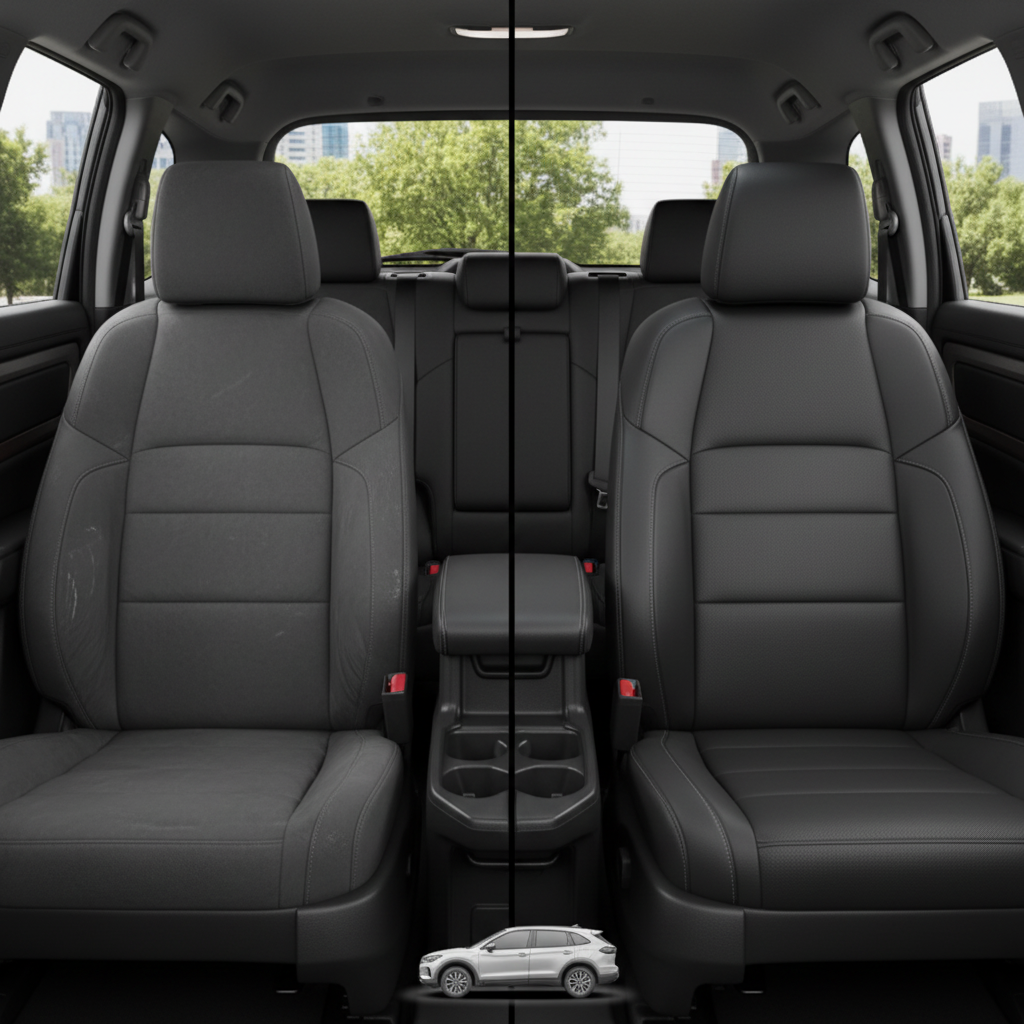Before-and-after comparison of Toyota Scion front seats, showing cloth seat upgraded to perforated leather upholstery.
