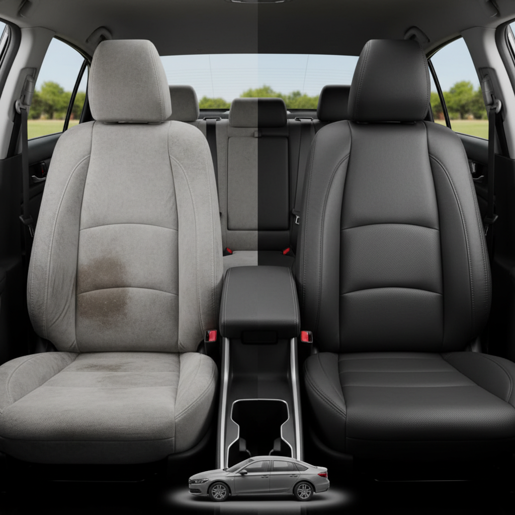Before-and-after comparison of Toyota Scion front seats, showing cloth seat upgraded to perforated leather upholstery.
