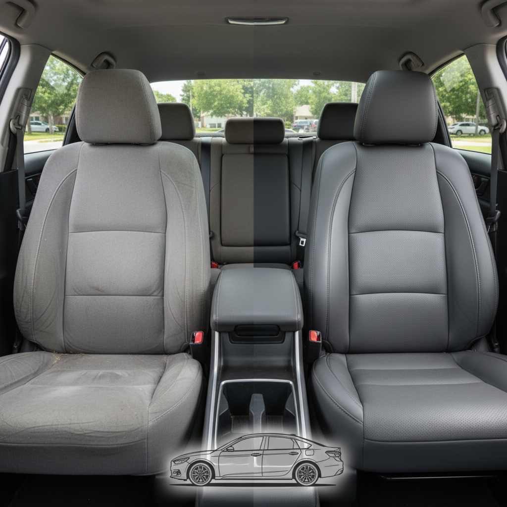 Before-and-after comparison of Toyota Yaris front seats, showing cloth seat upgraded to perforated leather upholstery.

