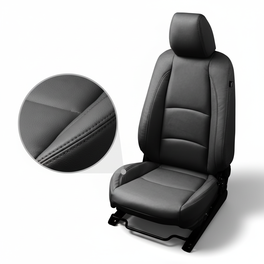 Black car seat with detailed stitching on a white background
