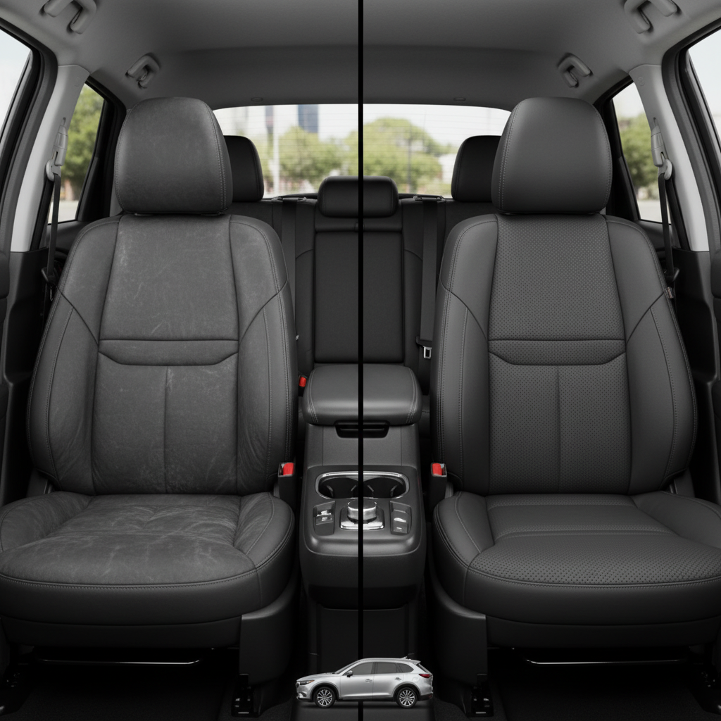 Before-and-after comparison of Mazda CX-9 front seats, showing original cloth seat upgraded to perforated leather upholstery.
