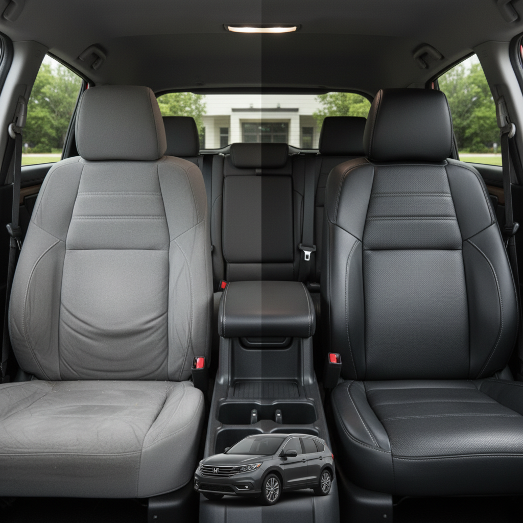 Before-and-after comparison of Toyota Hilux front seats, showing cloth seat upgraded to perforated leather upholstery.

