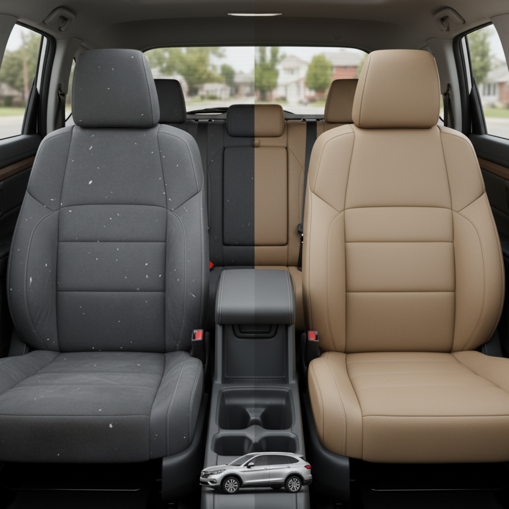 Before-and-after comparison of Toyota Hilux front seats, showing cloth seat upgraded to perforated leather upholstery.
