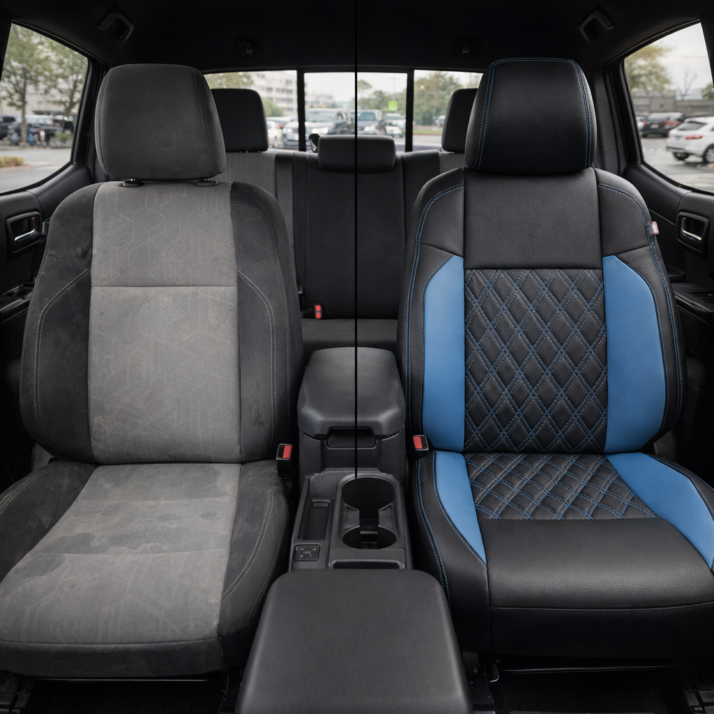 Before-and-after front in-cabin view of a 2016–2023 Toyota Tacoma split down the middle: the left front seat shows the factory gray and black cloth upholstery, while the right front seat shows the upgraded Leatherteck leather upholstery kit in Black with Bahama Blue accent panels, diamond-stitched center inserts, and blue contrast stitching, with the center console, cupholder, rear bench seat, headrests, seatbelts, rear window, and black interior trim visible.

