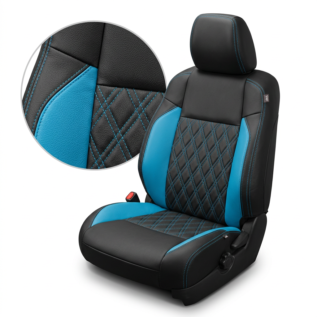  Close-up product image of a 2016–2023 Toyota Tacoma Leatherteck leather upholstery kit in Black with Bahama Blue accent panels, diamond-stitched center inserts, and blue contrast stitching, shown on a white background with a circular zoom inset highlighting the black leather grain, Bahama Blue panel texture, diamond stitch pattern, and double-stitched seam detail.
