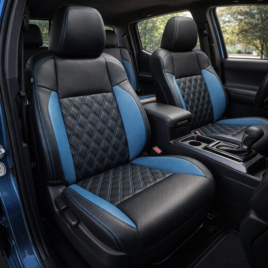 Front in-cabin view of a 2016–2023 Toyota Tacoma with an installed Leatherteck leather upholstery kit in Black with Bahama Blue accent panels, diamond-stitched center inserts, and blue contrast stitching, shown from the open driver-side door with the front bucket seats, headrests, center console/armrest, cupholders, gear shifter, door panel, and black floor mat visible.
