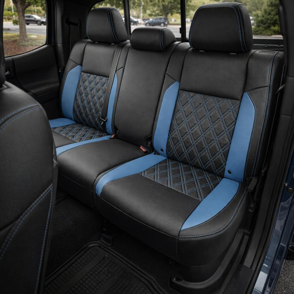  Rear in-cabin view of a 2016–2023 Toyota Tacoma with an installed Leatherteck leather upholstery kit in Black with Bahama Blue accent panels, diamond-stitched center inserts, and blue contrast stitching, shown through the open rear door with the rear bench seat, three headrests, seatbelts/buckles, front seatback, rear window, door panel, and black all-weather floor mat visible.