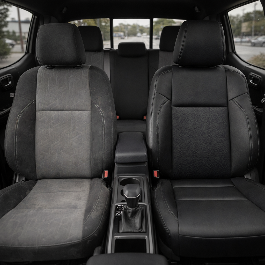 Before-and-after front in-cabin view of a 2016–2023 Toyota Tacoma split by seats: the left front seat shows the factory gray and black cloth upholstery, while the right front seat shows the upgraded Leatherteck leather upholstery kit in black with black stitching, with the center console, cupholder, gear shifter, rear bench seat, headrests, seatbelts, rear window, and black interior trim visible.