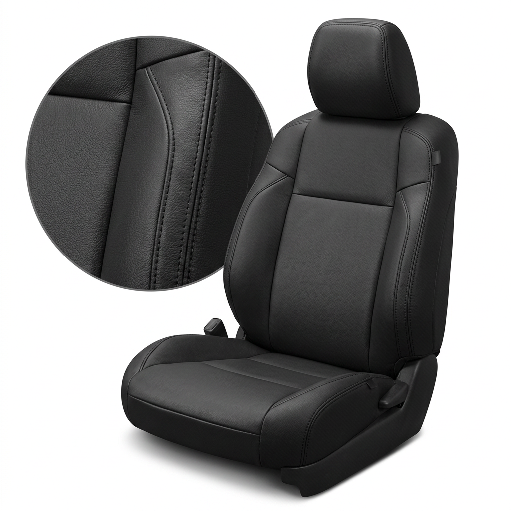 Close-up product image of a 2016–2023 Toyota Tacoma Leatherteck leather upholstery kit in black with black stitching, shown on a white background with a circular zoom inset highlighting the black leather grain, panel seam layout, and double-stitched black seam detail.