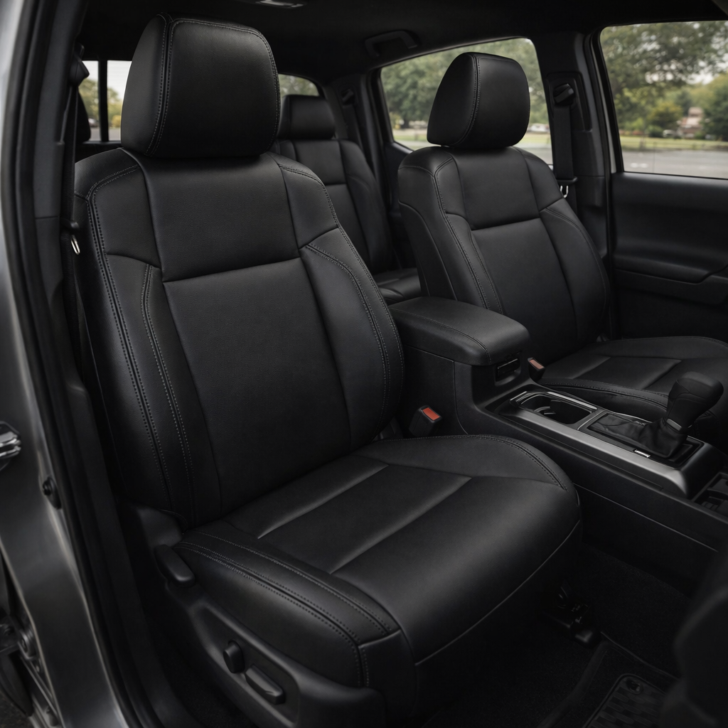  Front in-cabin view of a 2016–2023 Toyota Tacoma with an installed Leatherteck leather upholstery kit in black with black stitching, shown from the open driver-side door with the front bucket seats, headrests, center console/armrest, cupholders, gear shifter, door panel, rear seating area, and black floor mat visible.