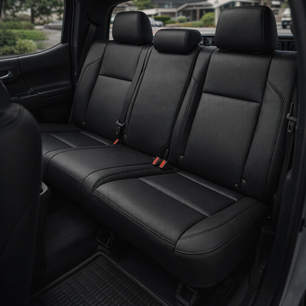 Rear in-cabin view of a 2016–2023 Toyota Tacoma with an installed Leatherteck leather upholstery kit in black with black stitching, shown through the open rear door with the rear bench seat, three headrests, seatbelts/buckles, front seatback, rear door panel, rear window, and black all-weather floor mat visible.