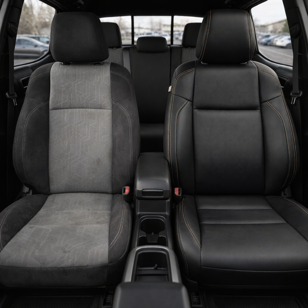 Before-and-after front in-cabin view of a 2016–2023 Toyota Tacoma split side-by-side: the left front seat shows the factory gray cloth upholstery, while the right front seat shows the upgraded Leatherteck leather upholstery kit in black with Camel Brown contrast stitching, with the center console, cupholders, rear bench seat, headrests, seatbelts, rear window, and black interior trim visible.
