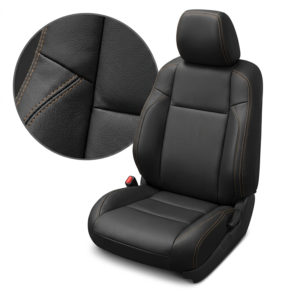 Close-up product image of a 2016–2023 Toyota Tacoma Leatherteck leather upholstery kit in black with Camel Brown contrast stitching, shown on a white background with a circular zoom inset highlighting the black leather grain, panel seam layout, and double-stitched Camel Brown seam detail.