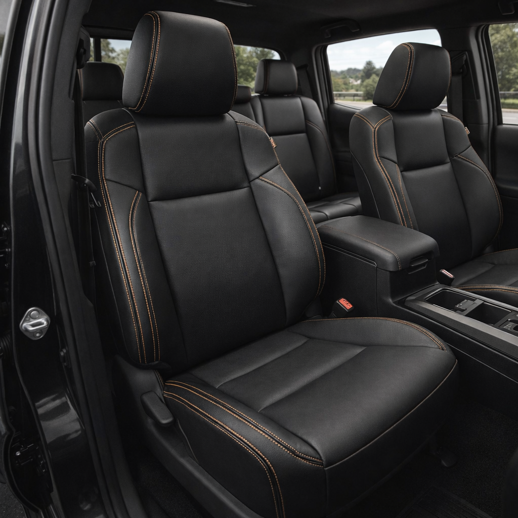 Front in-cabin view of a 2016–2023 Toyota Tacoma with an installed Leatherteck leather upholstery kit in black featuring Camel Brown contrast stitching, shown from the open front door with the front bucket seats, headrests, center console/armrest, cupholders, gear shifter, rear bench seat, and black interior trim visible.