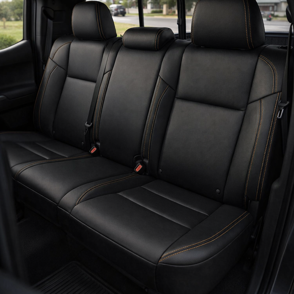 Rear in-cabin view of a 2016–2023 Toyota Tacoma with an installed Leatherteck leather upholstery kit in black featuring Camel Brown contrast stitching, shown through the open rear door with the rear bench seat, three headrests, seatbelts/buckles, rear door panel, front console edge, and black all-weather floor liner visible.