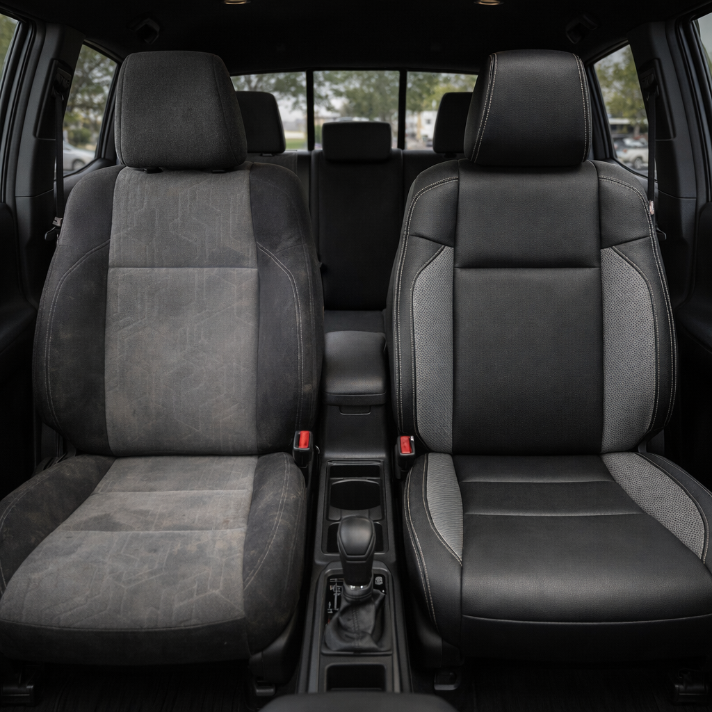 Before-and-after front in-cabin view of a 2016–2023 Toyota Tacoma split by seats: the left front seat shows the factory gray cloth upholstery, while the right front seat shows the upgraded Leatherteck black leather upholstery kit with carbon fiber-style accent panels, perforated black center inserts, and light contrast stitching, with the center console, cupholders, gear shifter, armrest, rear bench seat, headrests, rear window, seatbelt buckles, and dark interior trim visible.