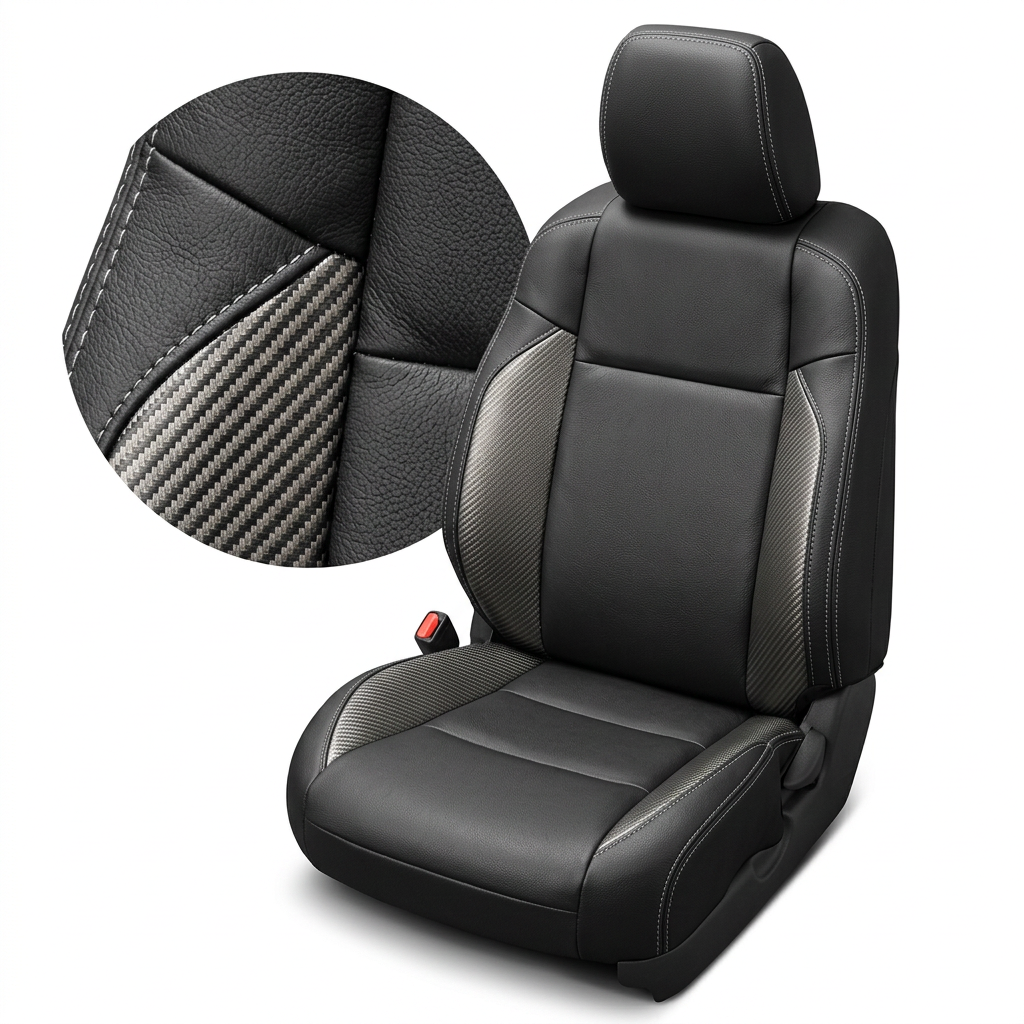 Close-up product image of a 2016–2023 Toyota Tacoma Leatherteck leather upholstery kit in black featuring carbon fiber-style accent panels, perforated black center inserts, and light contrast stitching, shown on a white background with a circular zoom inset highlighting the carbon fiber-style texture, black leather grain, perforation pattern, and double-stitched seam detail.