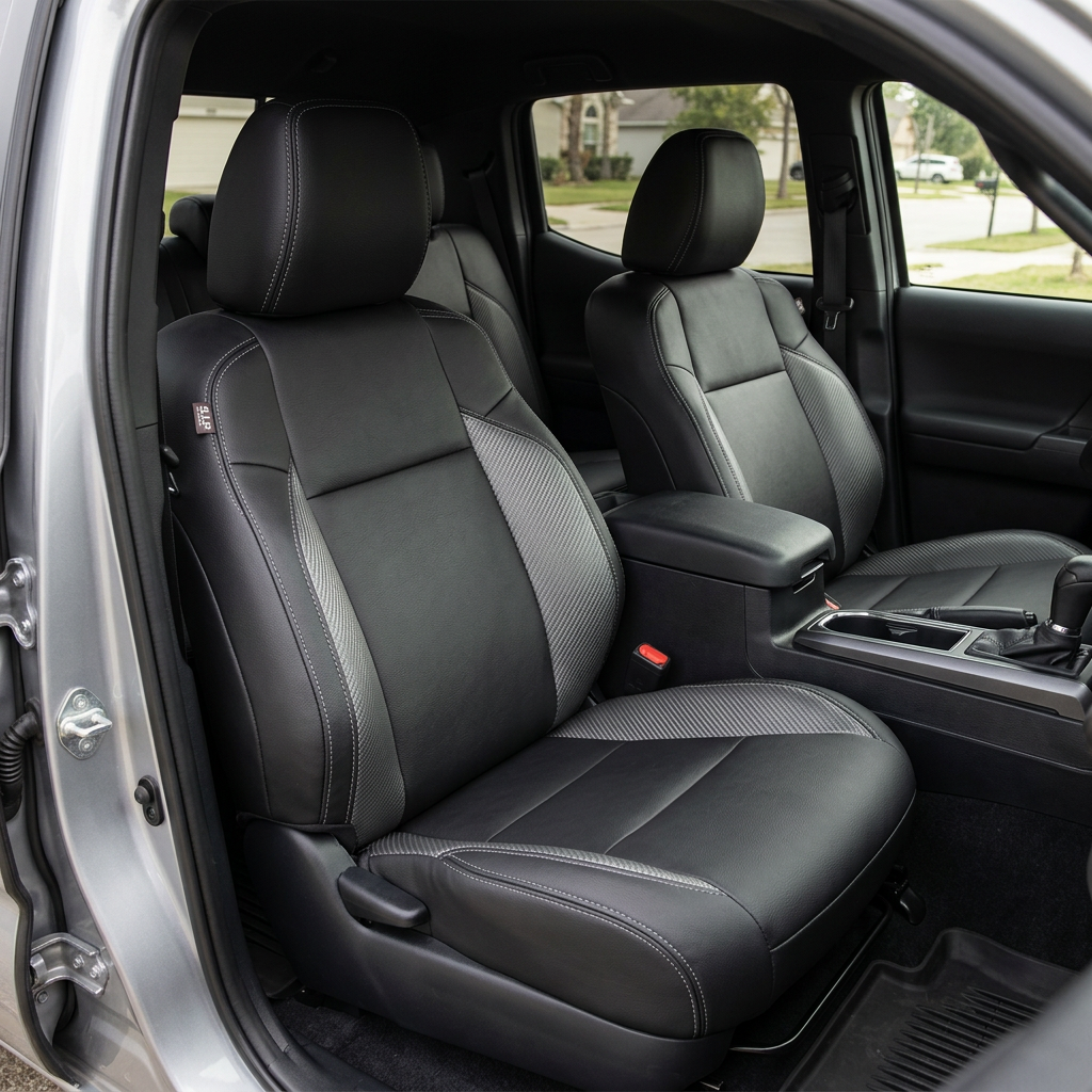 Front in-cabin view of a 2016–2023 Toyota Tacoma with an installed Leatherteck leather upholstery kit in black featuring carbon fiber-style accent panels, black leather center panels, and light contrast stitching, shown from the open driver-side door with the front bucket seats, headrests, center console/armrest, cupholders, gear shifter, door panel, and black floor mat visible.