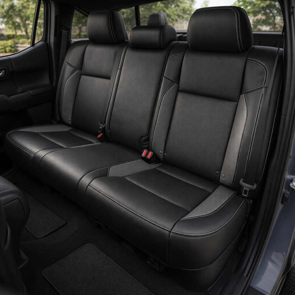 Rear in-cabin view of a 2016–2023 Toyota Tacoma with an installed Leatherteck leather upholstery kit in black featuring carbon fiber-style accent panels, perforated black center inserts, and light contrast stitching, shown through the open rear door with the rear bench seat, three headrests, seatbelts/buckles, rear door panel, and black floor mats visible.
