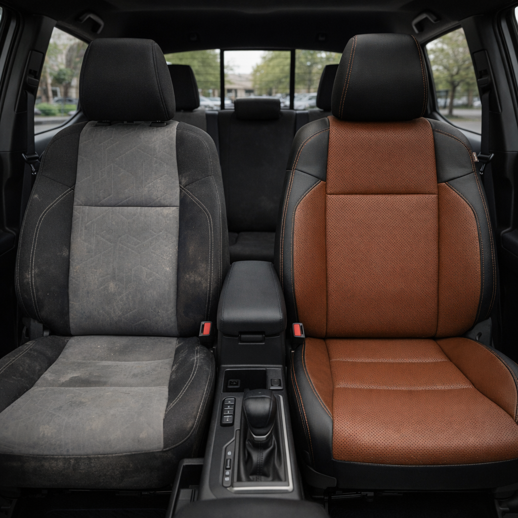 Before-and-after front in-cabin view of a 2016–2023 Toyota Tacoma split by seats: the left front seat shows the factory gray and black cloth upholstery, while the right front seat shows the upgraded Leatherteck leather upholstery kit in black with mahogany brown perforated inserts, black side bolsters, and mahogany brown contrast stitching, with the center console, gear shifter, armrest, seatbelt buckles, rear bench seat, headrests, rear window, and dark interior trim visible.