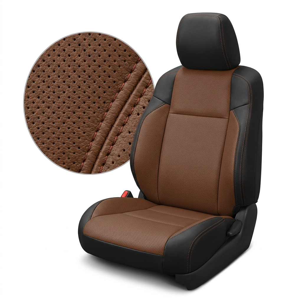 Close-up product image of a 2016–2023 Toyota Tacoma Leatherteck leather upholstery kit in black with mahogany brown perforated inserts, black side bolsters, and mahogany brown contrast stitching, shown on a white background with a circular zoom inset highlighting the mahogany brown leather grain, perforation pattern, and double-stitched seam detail.