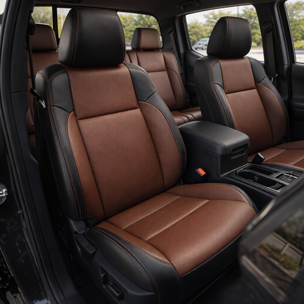 Front in-cabin view of a 2016–2023 Toyota Tacoma with an installed Leatherteck leather upholstery kit in black with mahogany brown perforated inserts, black side bolsters, and mahogany brown contrast stitching, shown from the open driver-side door with the front bucket seats, headrests, center console/armrest, cupholders, gear shifter, rear bench seat, door panel, and black floor mat visible.
