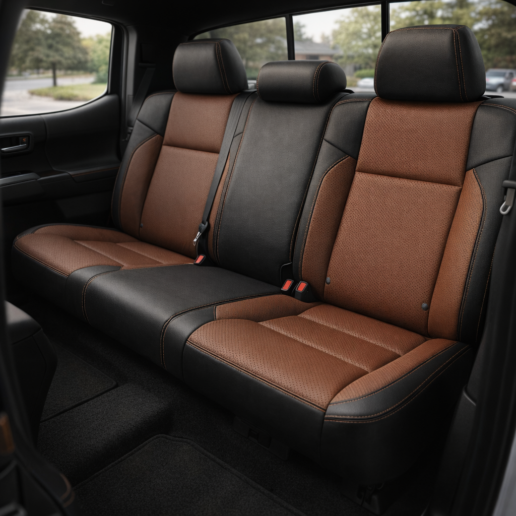 Rear in-cabin view of a 2016–2023 Toyota Tacoma with an installed Leatherteck leather upholstery kit in black with mahogany brown perforated inserts, black side bolsters, and mahogany brown contrast stitching, shown through the open rear door with the rear bench seat, three headrests, seatbelts/buckles, rear door panel, rear window, and black floor mat visible.