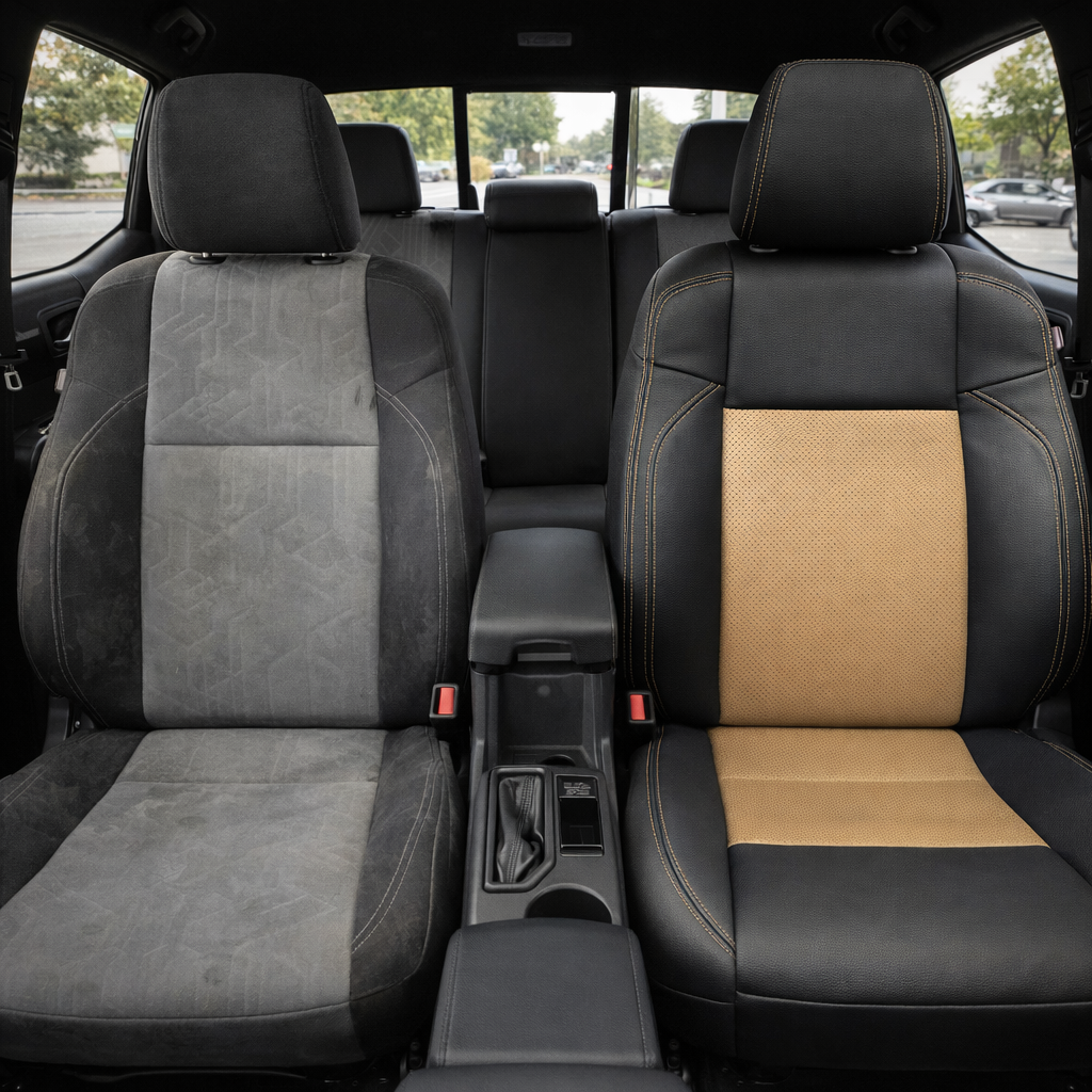 Before-and-after front in-cabin view of a 2016–2023 Toyota Tacoma split side-by-side: the left front seat shows the factory gray and black cloth upholstery, while the right front seat shows the upgraded Leatherteck leather upholstery kit in Black with Parchment perforated center inserts and matching contrast stitching, with the center console, gear shifter, cupholder, rear bench seat, headrests, rear window, seatbelts, and black interior trim visible.