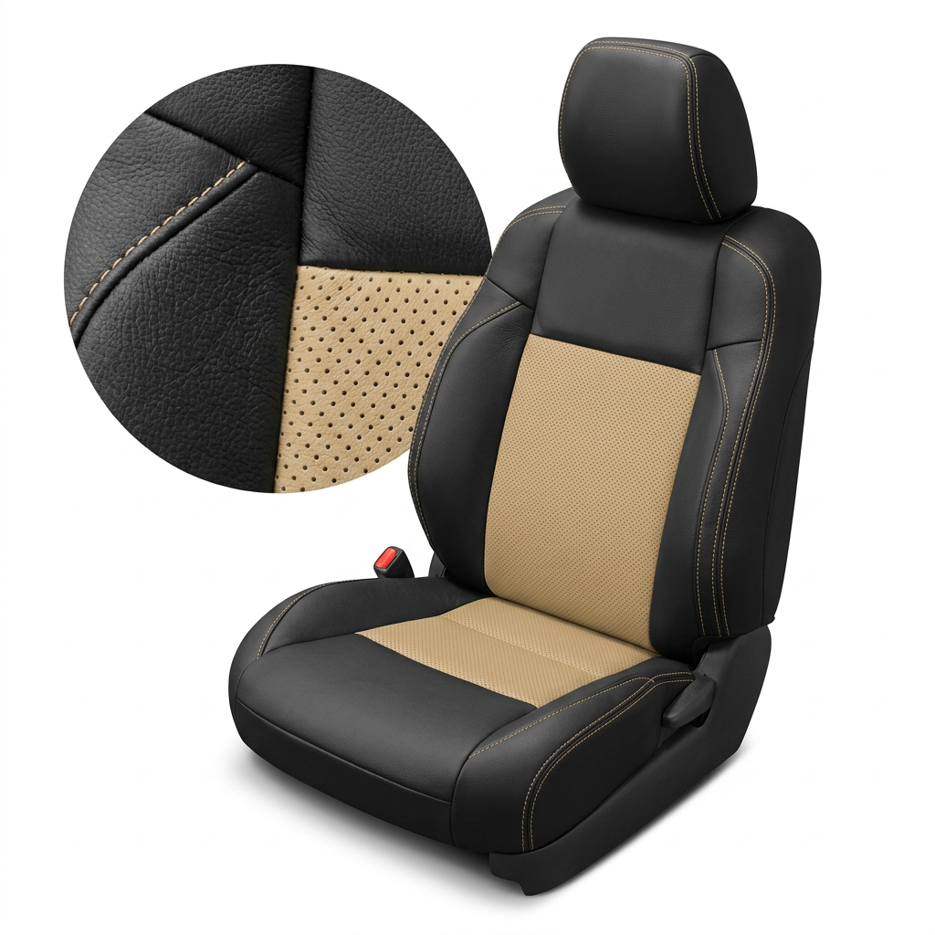 Close-up product image of a 2016–2023 Toyota Tacoma Leatherteck leather upholstery kit in Black with Parchment perforated inserts and matching contrast stitching, shown on a white background with a circular zoom inset highlighting the black leather grain, parchment perforation pattern, panel seam layout, and double-stitched seam detail.