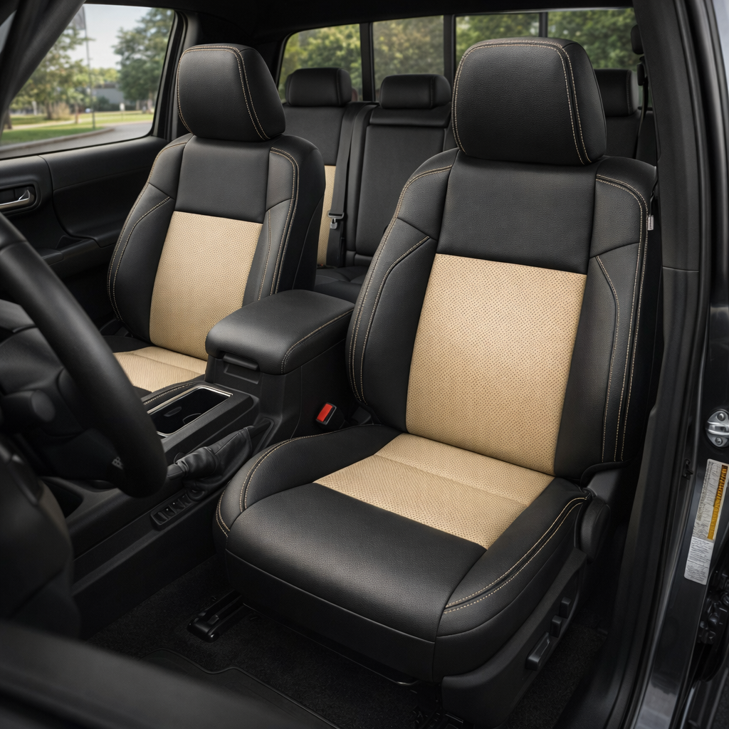Front in-cabin view of a 2016–2023 Toyota Tacoma with an installed Leatherteck leather upholstery kit in Black with Parchment perforated center inserts and matching contrast stitching, shown from the open driver-side door with the front bucket seats, headrests, center console/armrest, cupholders, gear shifter, steering wheel, rear bench seat, and black interior trim visible.
