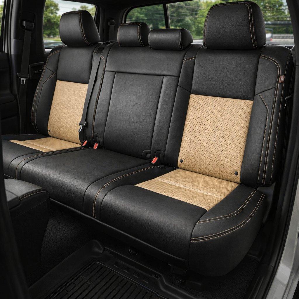  Rear in-cabin view of a 2016–2023 Toyota Tacoma with an installed Leatherteck leather upholstery kit in Black with Parchment perforated inserts and matching contrast stitching, shown through the open rear door with the rear bench seat, three headrests, seatbelts/buckles, front seatback edge, rear window, and black all-weather floor liner visible.