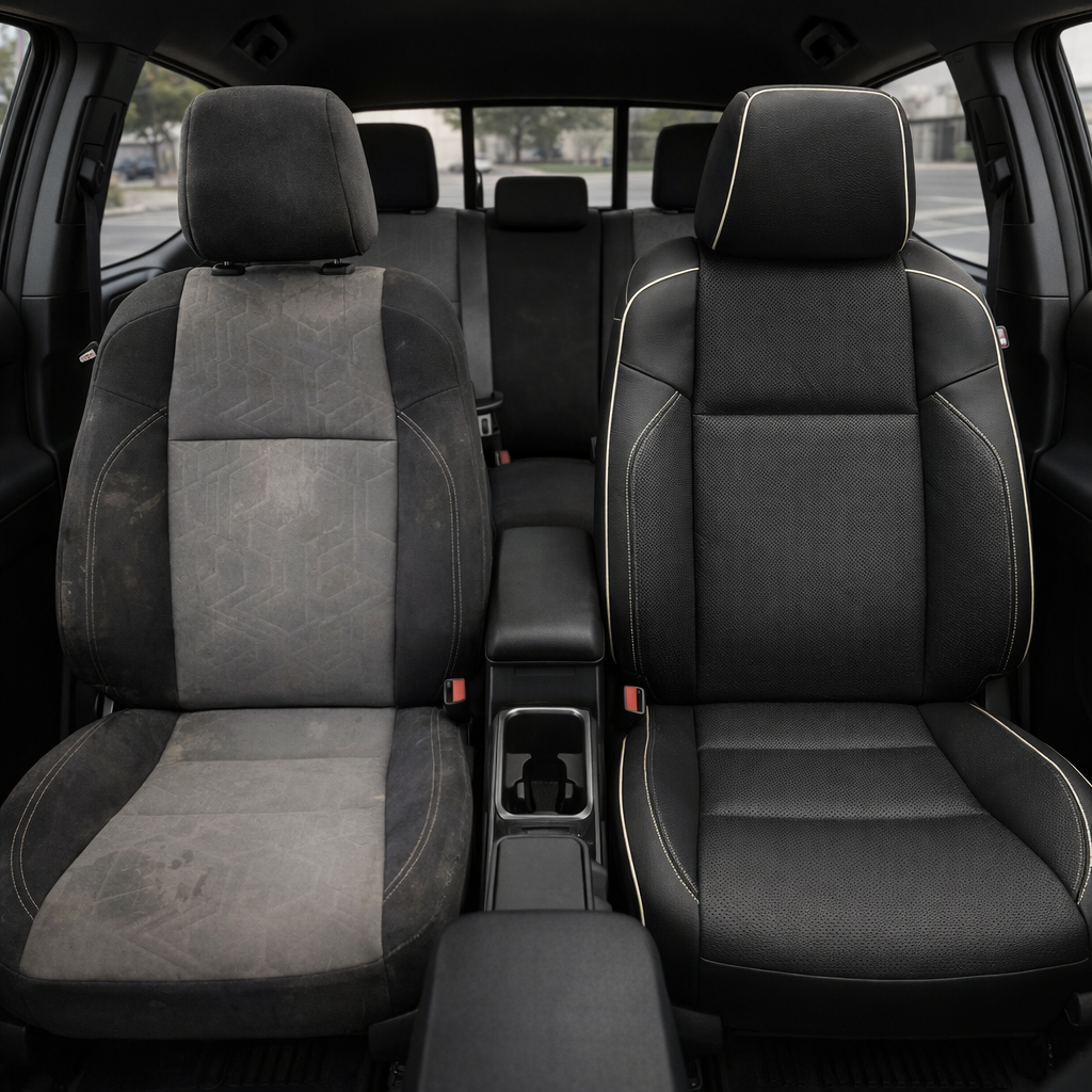  Before-and-after front in-cabin view of a 2016–2023 Toyota Tacoma split by seats: the left front seat shows the factory gray and black cloth upholstery, while the right front seat shows the upgraded Leatherteck black leather upholstery kit with perforated center inserts and pearl white contrast stitching, with the center console, cupholders, armrest, rear bench seat, headrests, rear window, seatbelt buckles, and dark interior trim visible.