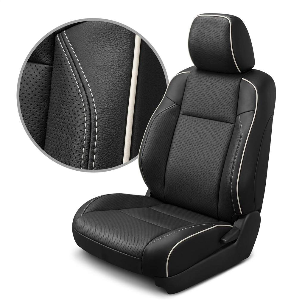 Close-up product image of a 2016–2023 Toyota Tacoma Leatherteck leather upholstery kit in black featuring perforated center inserts, pearl white contrast stitching, and pearl white edge piping, shown on a white background with a circular zoom inset highlighting the black leather grain, perforation pattern, double-stitched seam detail, and white piping accent.

