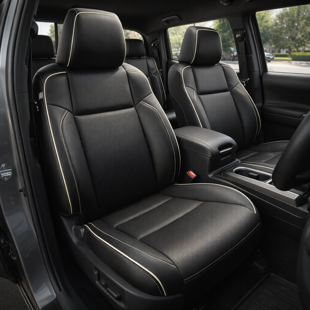 Front in-cabin view of a 2016–2023 Toyota Tacoma with an installed Leatherteck leather upholstery kit in black featuring perforated center inserts and pearl white contrast stitching, shown from the open driver-side door with the front bucket seats, headrests, center console/armrest, cupholders, steering wheel, rear bench seat, door panel, and black floor mat visible.