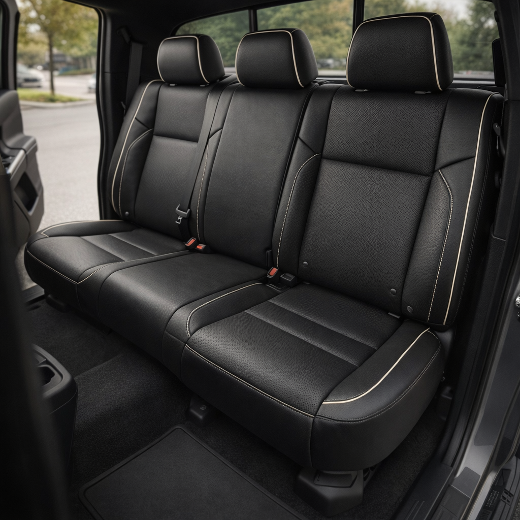 Rear in-cabin view of a 2016–2023 Toyota Tacoma with an installed Leatherteck leather upholstery kit in black featuring perforated center inserts and pearl white contrast stitching, shown through the open rear door with the rear bench seat, three headrests, seatbelts/buckles, rear door panel, rear window, and black floor mat visible.