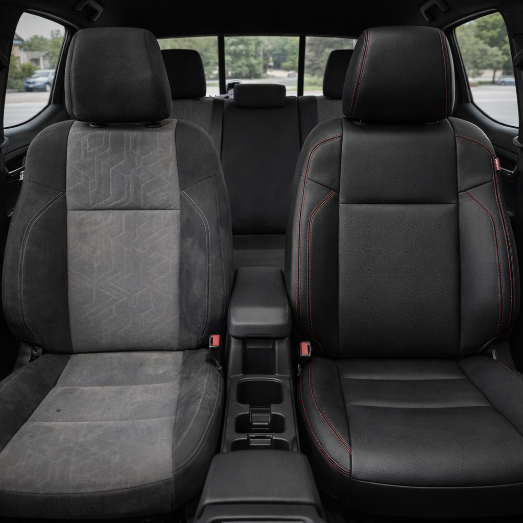 Before-and-after front in-cabin view of a 2016–2023 Toyota Tacoma split side-by-side: the left front seat shows the factory gray cloth upholstery, while the right front seat shows the upgraded Leatherteck leather upholstery kit in black with red contrast stitching, with the center console, cupholders, gear shifter, rear bench seat, headrests, seatbelts, door panels, and floor mats visible.