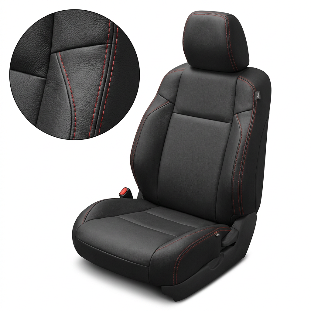  Close-up product image of a 2016–2023 Toyota Tacoma Leatherteck leather upholstery kit in black with red contrast stitching, shown on a white background with a circular zoom inset highlighting the black leather grain, panel seam layout, and double-stitched red seam detail.