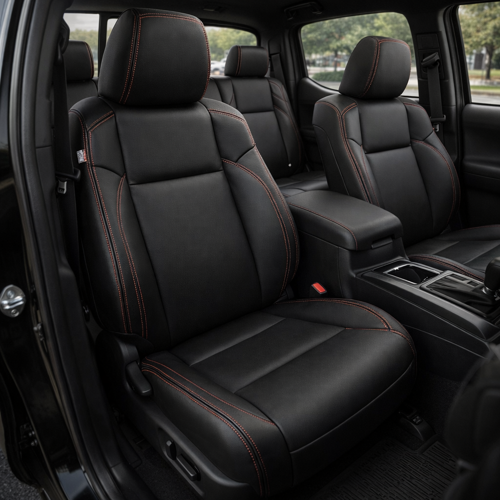 Front in-cabin view of a 2016–2023 Toyota Tacoma with an installed Leatherteck leather upholstery kit in black featuring red contrast stitching, shown from the open driver-side door with the front bucket seats, headrests, center console/armrest, gear shifter, cupholders, rear bench seat, door panel, and black floor mat visible.