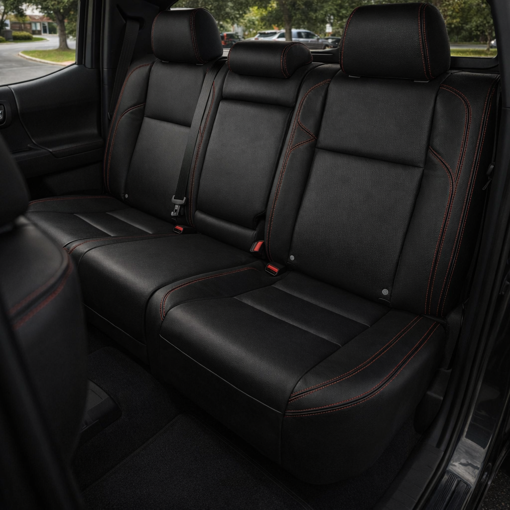 Rear in-cabin view of a 2016–2023 Toyota Tacoma with an installed Leatherteck leather upholstery kit in black featuring red contrast stitching, shown through the open rear door with the rear bench seat, three headrests, seatbelts/buckles, front seatback edge, rear door panel, and black all-weather floor liner visible.