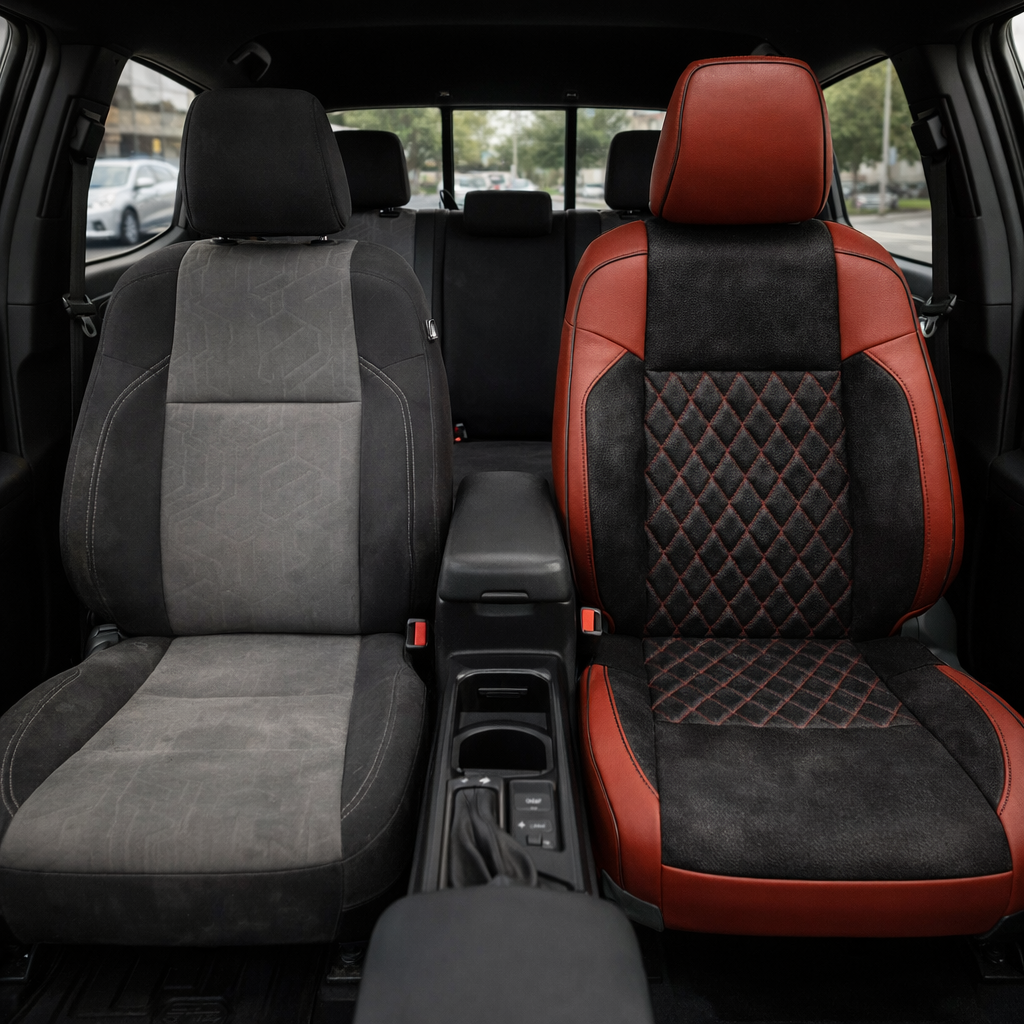 Before-and-after front in-cabin view of a 2016–2023 Toyota Tacoma split side-by-side: the left front seat shows the factory gray cloth upholstery, while the right front seat shows the upgraded Leatherteck leather upholstery kit in Cardinal with Raven suede panels and diamond-stitched center inserts, with the center console, cupholders, gear shifter, rear bench seat, headrests, seatbelts, rear window, and black interior trim visible.

