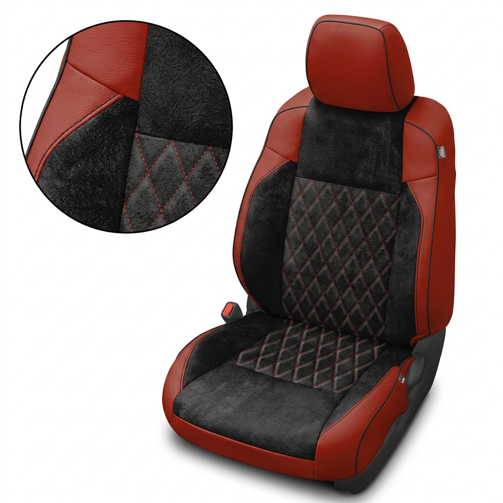  Close-up product image of a 2016–2023 Toyota Tacoma Leatherteck leather upholstery kit in Cardinal with Raven suede panels and diamond-stitched center inserts, shown on a white background with a circular zoom inset highlighting the Cardinal leather grain, Raven suede texture, black piping, and red diamond stitching detail.


