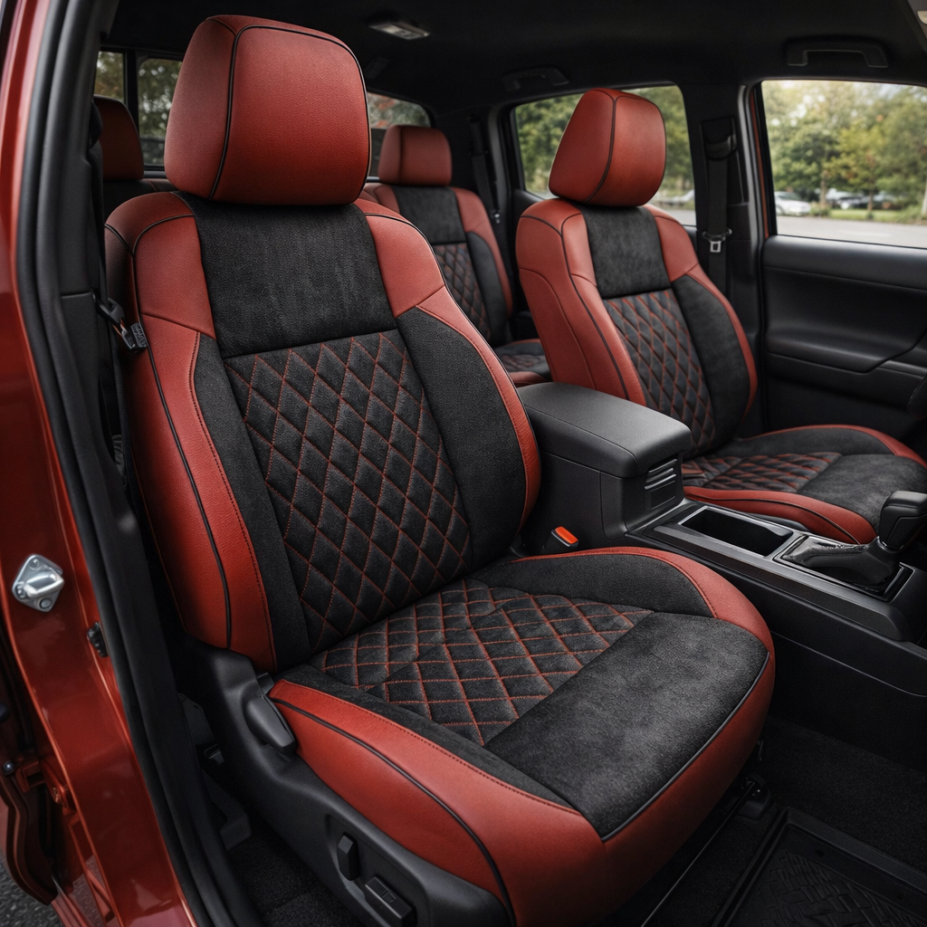 Front in-cabin view of a 2016–2023 Toyota Tacoma with an installed Leatherteck leather upholstery kit in Cardinal with Raven suede panels and diamond-stitched center inserts, shown from the open driver-side door with the front bucket seats, headrests, center console/armrest, cupholders, gear shifter, rear seat, door panel, and black floor liner visible.