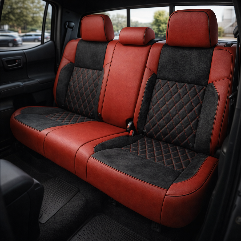  Rear in-cabin view of a 2016–2023 Toyota Tacoma with an installed Leatherteck leather upholstery kit in Cardinal with Raven suede panels and diamond-stitched center inserts, showing the rear bench seat, three headrests, seatbelts/buckles, rear door panel, front seatback edge, and black all-weather floor liners visible.

