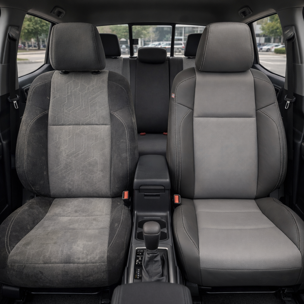 Before-and-after front in-cabin view of a 2016–2023 Toyota Tacoma split side-by-side: the left front seat shows the factory gray cloth upholstery, while the right front seat shows the upgraded Leatherteck leather upholstery kit in Light Grey with Ash side panels and Silver contrast stitching, with the center console, gear shifter, cupholders, rear bench seat, headrests, seatbelts, rear window, and black interior trim visible.