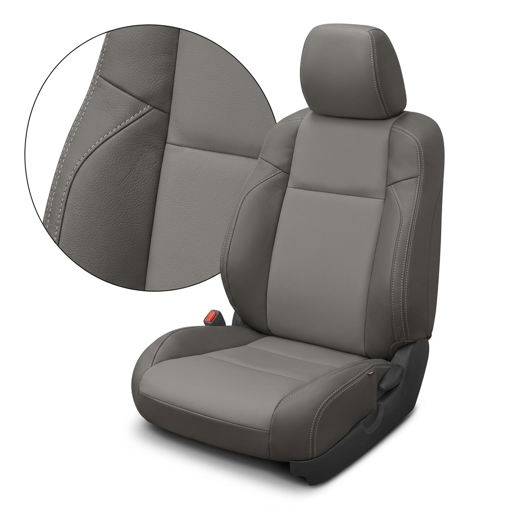 Close-up product image of a 2016–2023 Toyota Tacoma Leatherteck leather upholstery kit in Light Grey with Ash side panels and Silver contrast stitching, shown on a white background with a circular zoom inset highlighting the two-tone leather grain, panel seam layout, and double-stitched silver seam detail.

