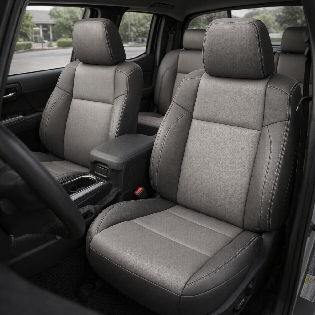 Front in-cabin view of a 2016–2023 Toyota Tacoma with an installed Leatherteck leather upholstery kit in Light Grey with Ash side panels and Silver contrast stitching, shown from the open driver-side door with the front bucket seats, headrests, center console/armrest, cupholders, steering wheel, rear bench seat, and black interior trim visible.