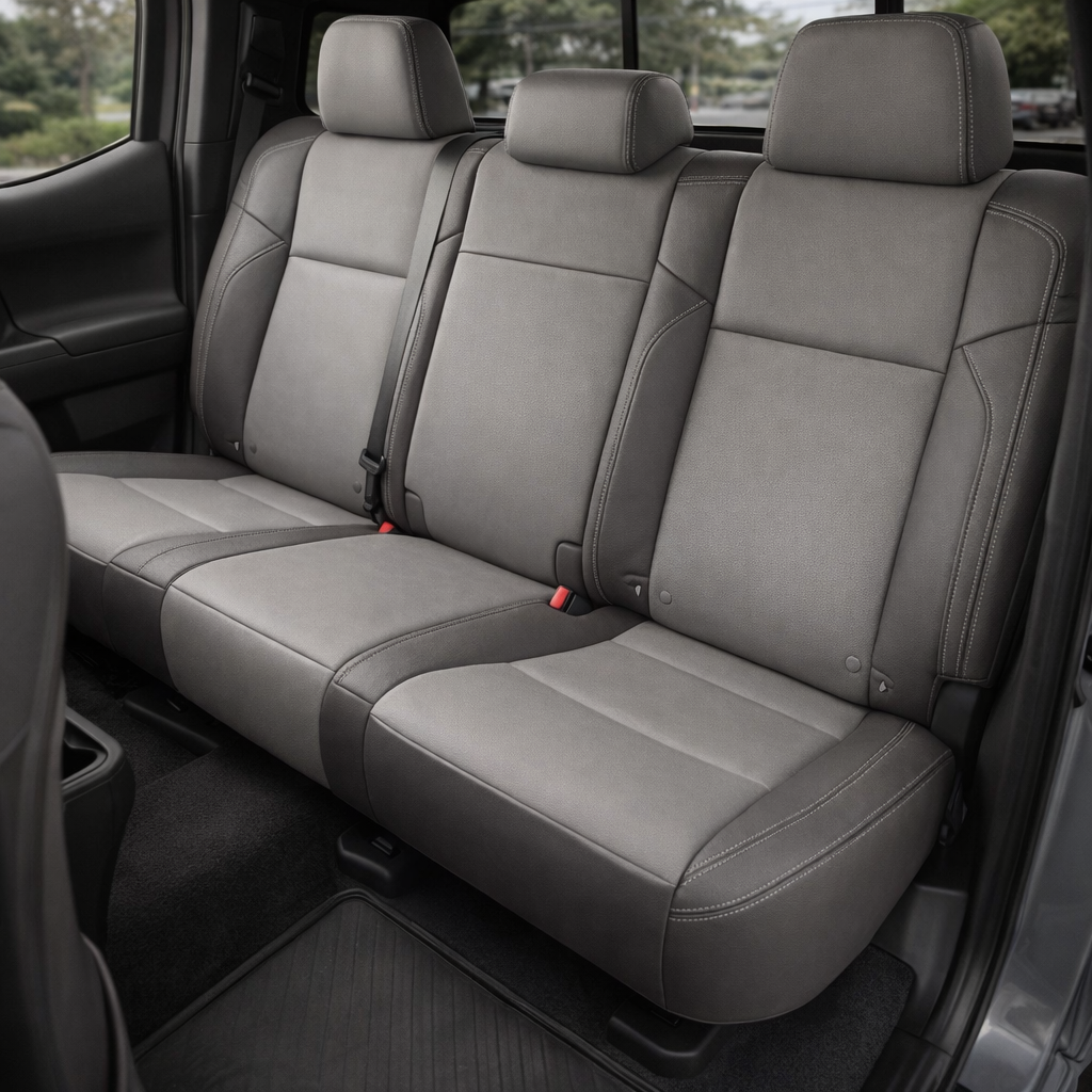  Rear in-cabin view of a 2016–2023 Toyota Tacoma with an installed Leatherteck leather upholstery kit in Light Grey with Ash side panels and Silver contrast stitching, shown through the open rear door with the rear bench seat, three headrests, seatbelts/buckles, front seatback edge, rear door panel, and black floor mat visible.