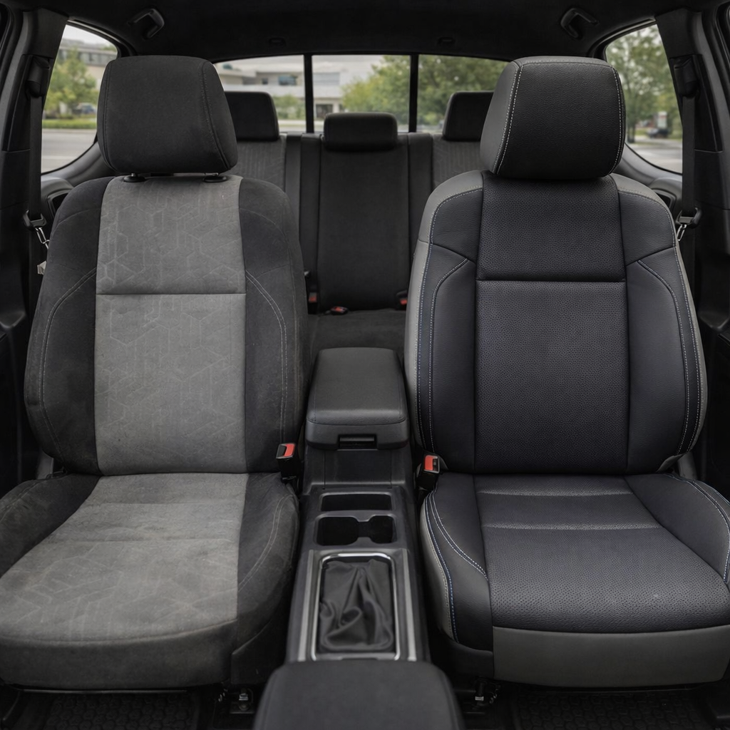  Before-and-after front in-cabin view of a 2016–2023 Toyota Tacoma split by seats: the left front seat shows the factory gray and black cloth upholstery, while the right front seat shows the upgraded Leatherteck leather upholstery kit in light grey with black facing panels, perforated center inserts, and light grey contrast stitching, with the center console, cupholders, gear shifter, rear bench seat, headrests, seatbelts, rear window, and black interior trim visible.