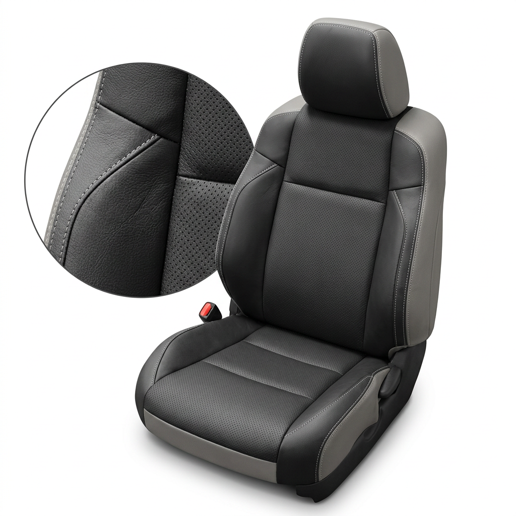 Close-up product image of a 2016–2023 Toyota Tacoma Leatherteck leather upholstery kit in light grey with black facing panels, featuring black perforated center inserts and light grey contrast stitching, shown on a white background with a circular zoom inset highlighting the leather grain, perforation pattern, and double-stitched seam detail.